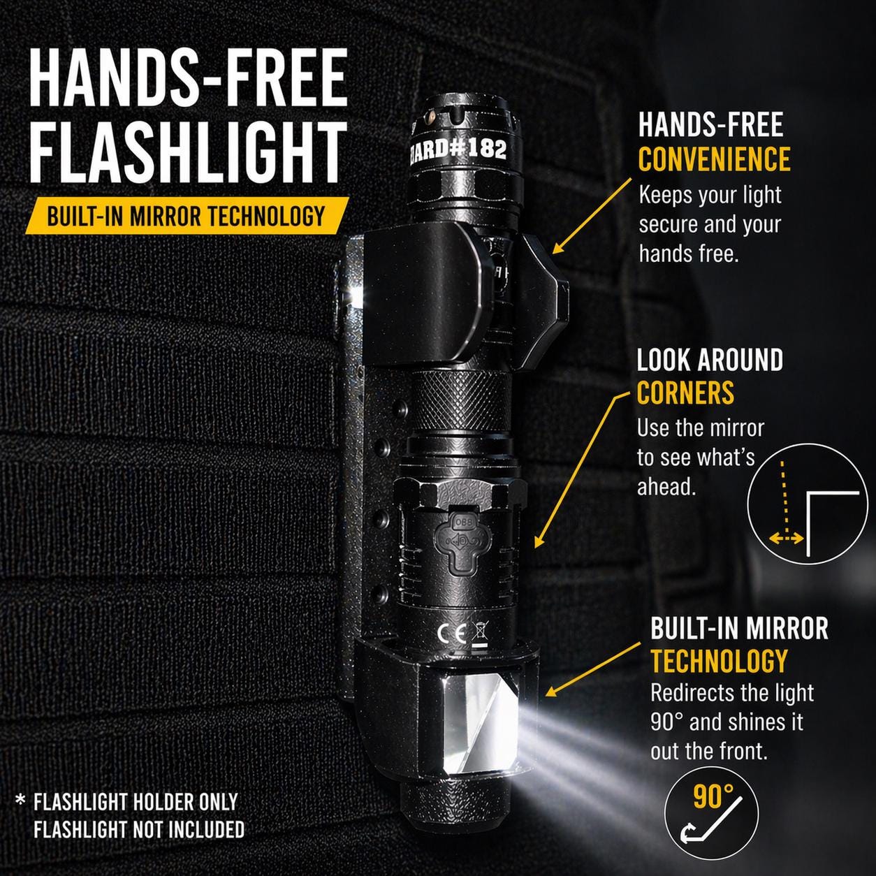 2-in-1 Tactical Flashlight Holder | Mirror Redirect Light, Hands-Free MOLLE Mount